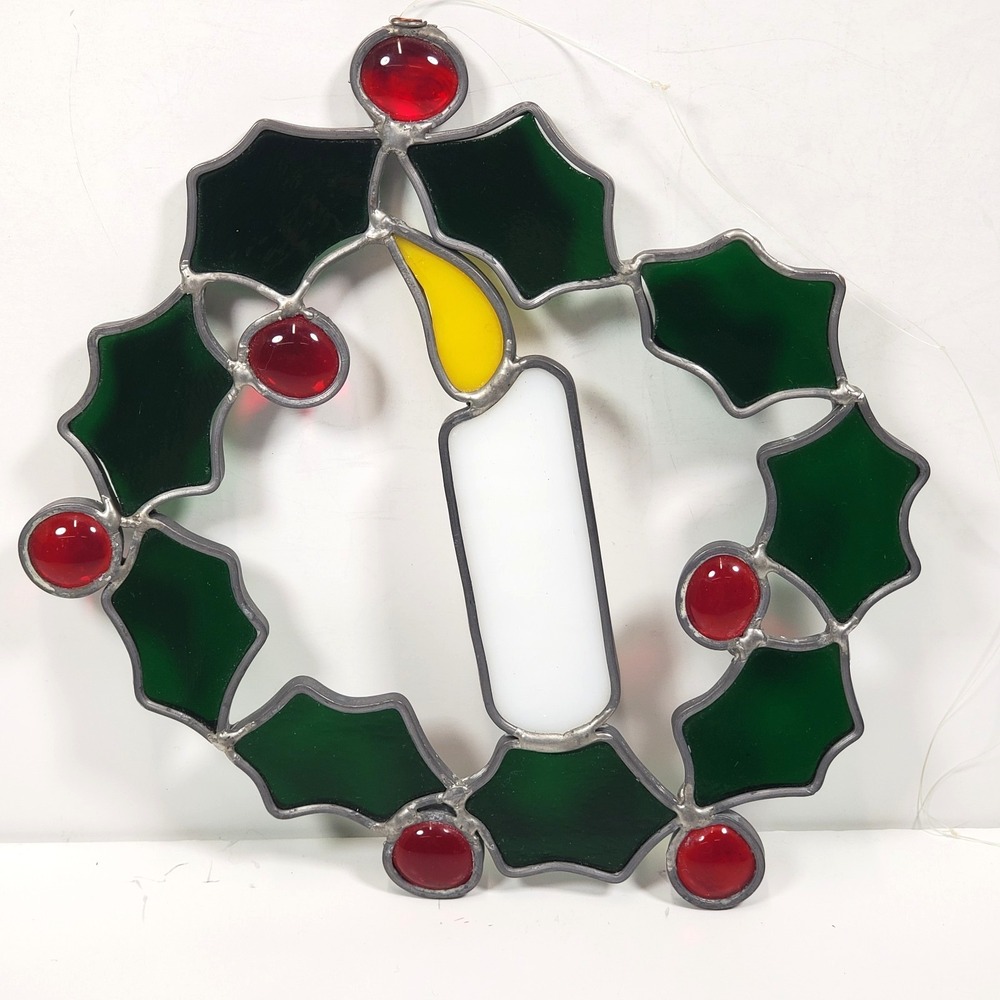 Stained Glass Christmas Candle In Wreath Suncatcher 7 1/2"